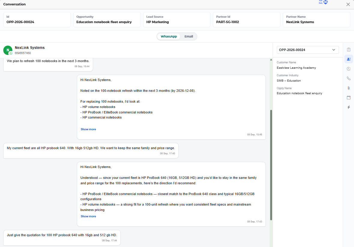 AI agent following up with a channel partner over WhatsApp